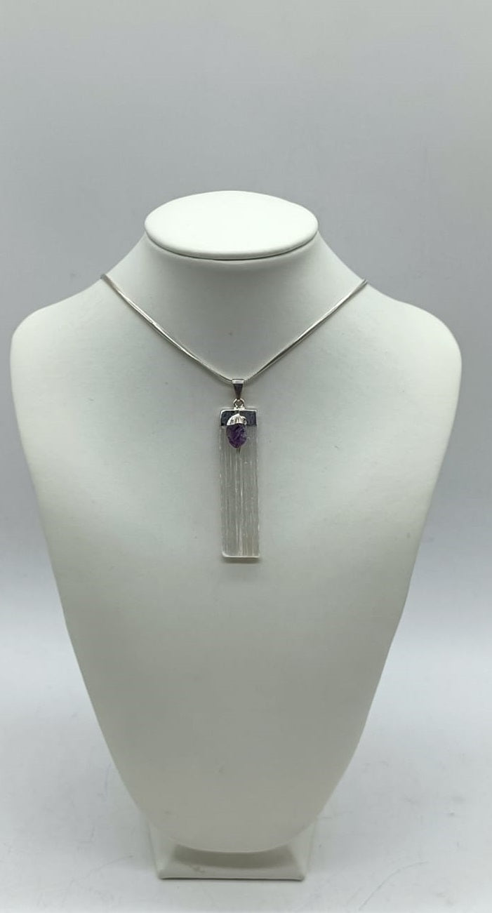 Selenite with Amethyst Silver Plated Pendant