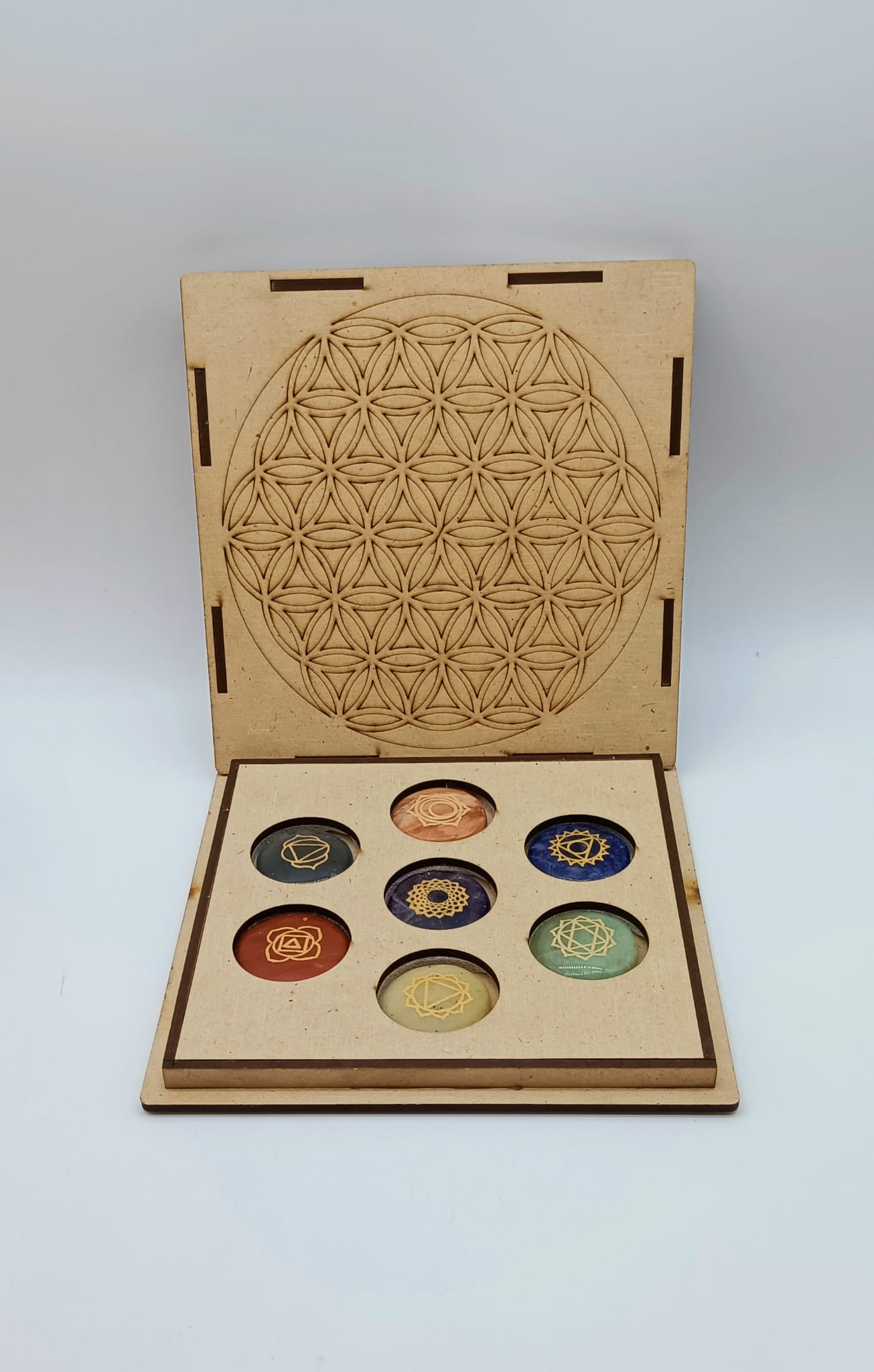 7 Chakra Crystal Set in Wooden Flower of Life Grid