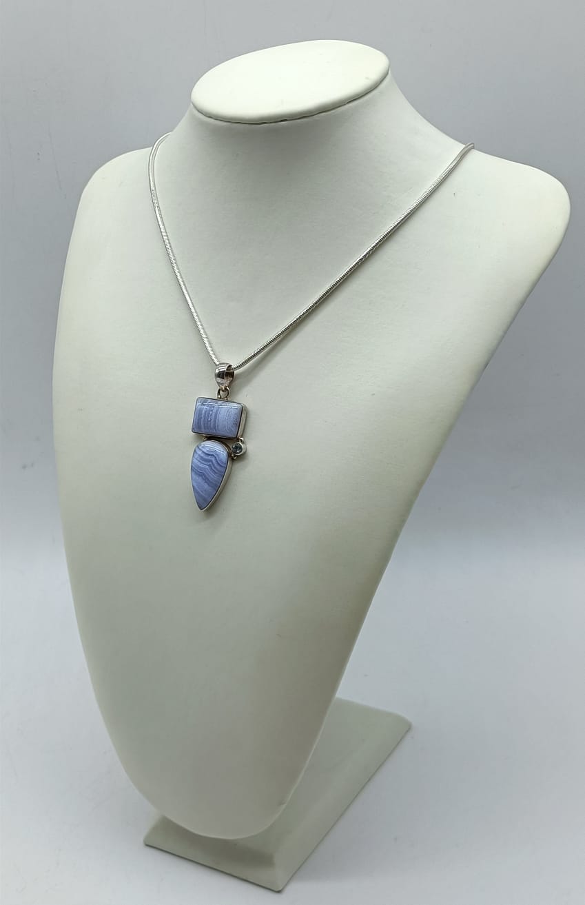 Blue Lace Agate with Blue Topaz 925 Sterling Silver Pendant